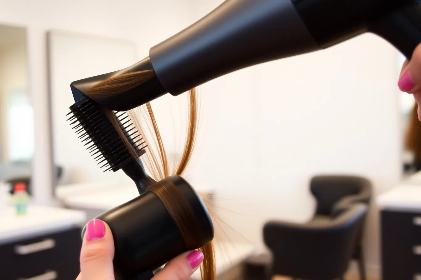 Salon blow-dryer with concentrator nozzle drying a tensioned section of hair. Blow-dry heat, airflow, tension, and product checklist, explained properly