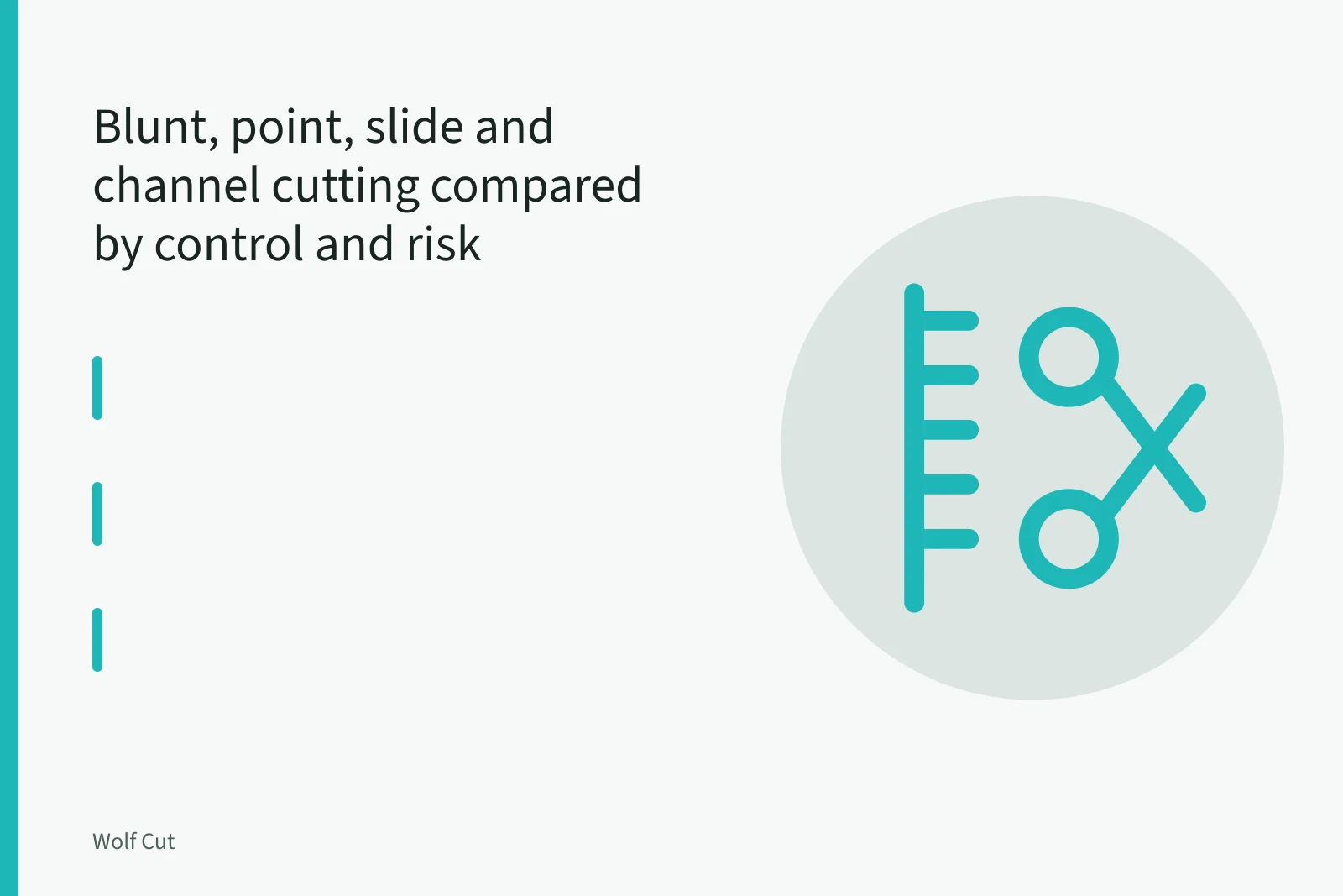 Sharp hair cutting shears meeting a held section of hair mid-cut. Blunt, point, slide and channel cutting compared by control and risk