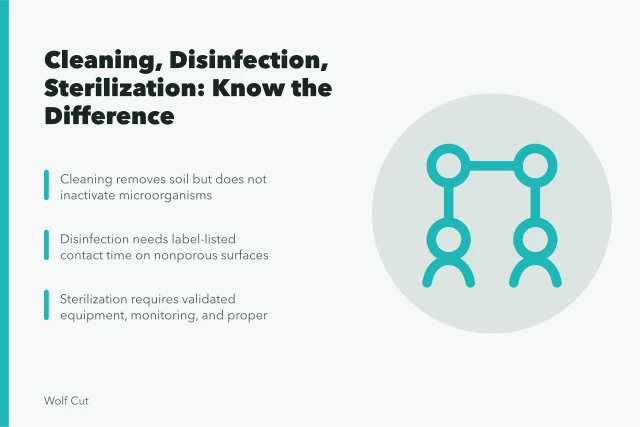 Comparison of cleaning, sanitizing, disinfection, and sterilization processes for salon tools. Cleaning versus disinfection versus sterilization: what each actually does