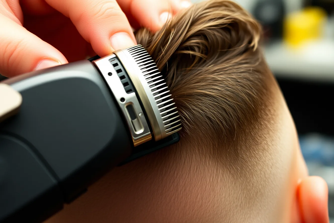 Hair clipper with guard and lever cutting a fade at the nape. From blade control to the final blend check: a clipper cutting guide