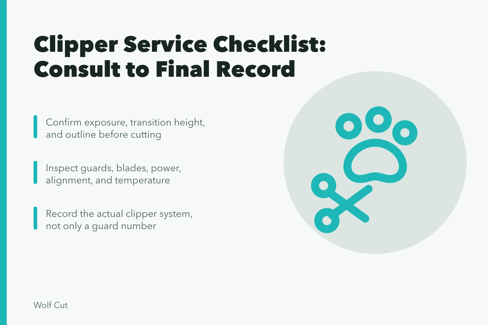 Checklist card for clipper service from consultation to final record. The clipper service checklist runs from consultation to final record