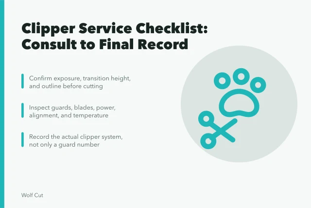 Checklist card for clipper service from consultation to final record. The clipper service checklist runs from consultation to final record