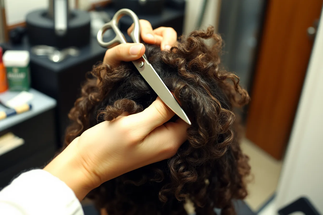 Stylist's hands cutting a section of tightly coiled curly hair with shears. Shrinkage and density anchor this curly and coily haircutting guide