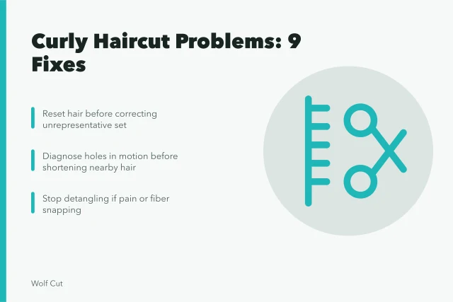 Curly haircut problems: shrinkage, holes, tangles, shape collapse, correction checkpoints. 9 pointers on curly haircut problems that hold up