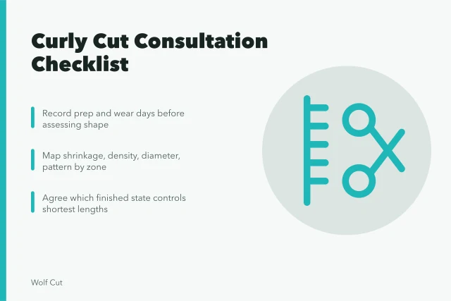 Checklist for curly haircut consultation covering shrinkage, density, and pattern zones. Curly haircut consultation and shrinkage checklist (2027 update)