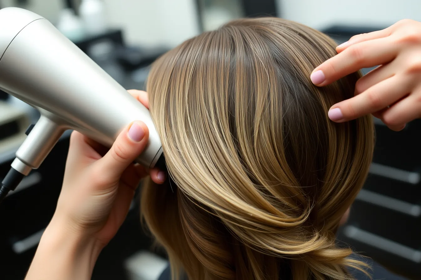 Round brush and blow-dryer finishing a layered haircut section by section. Finishing a layered haircut without flattening its shape