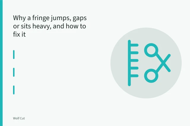Wet fringe section held between fingers and trimmed with shears. Why a fringe jumps, gaps or sits heavy, and how to fix it