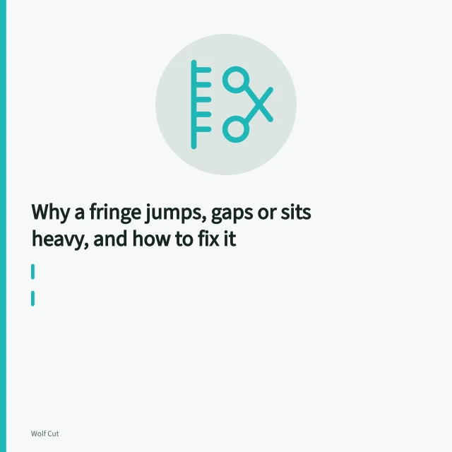 Wet fringe section held between fingers and trimmed with shears. Why a fringe jumps, gaps or sits heavy, and how to fix it