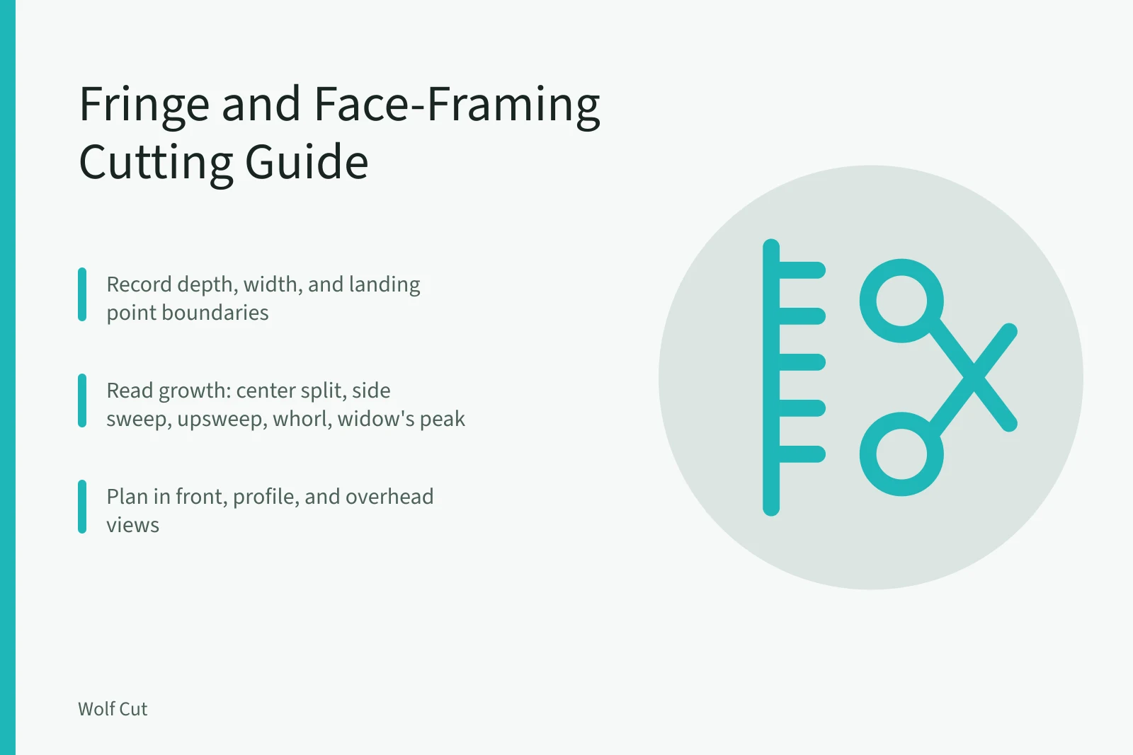 Fringe cutting guide showing section depth, growth pattern, and face-framing views. Growth pattern and density shape this fringe and face-framing guide