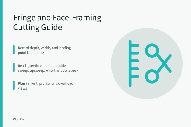 Fringe cutting guide showing section depth, growth pattern, and face-framing views. Growth pattern and density shape this fringe and face-framing guide