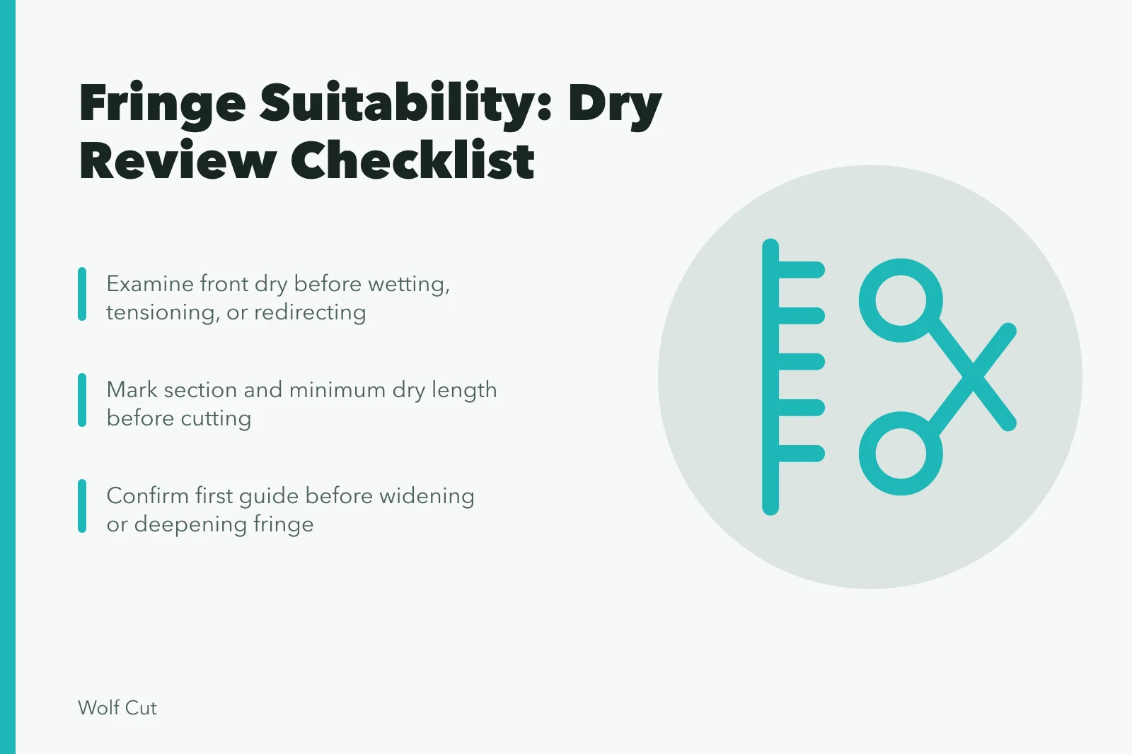 Checklist for assessing fringe suitability on dry hair before cutting. Client goals through dry review: the fringe suitability checklist
