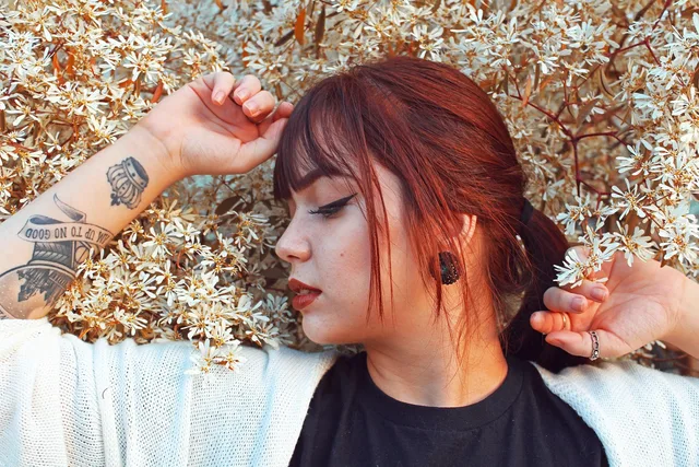 girl, flower wallpaper, woman, red-haired, red hair, flowers, nature, tattoo, beautiful flowers, makeup, model, spring, flowery, fringe, hair, flower background, tattooed. Blunt, curtain, side swept and micro fringe compared by structure, styling demand and growth patterns