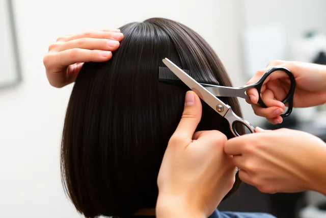 Stylist cutting a small horizontal nape panel on a damp graduated bob. A graduated bob correction case: mapping drift, then rebuilding balance