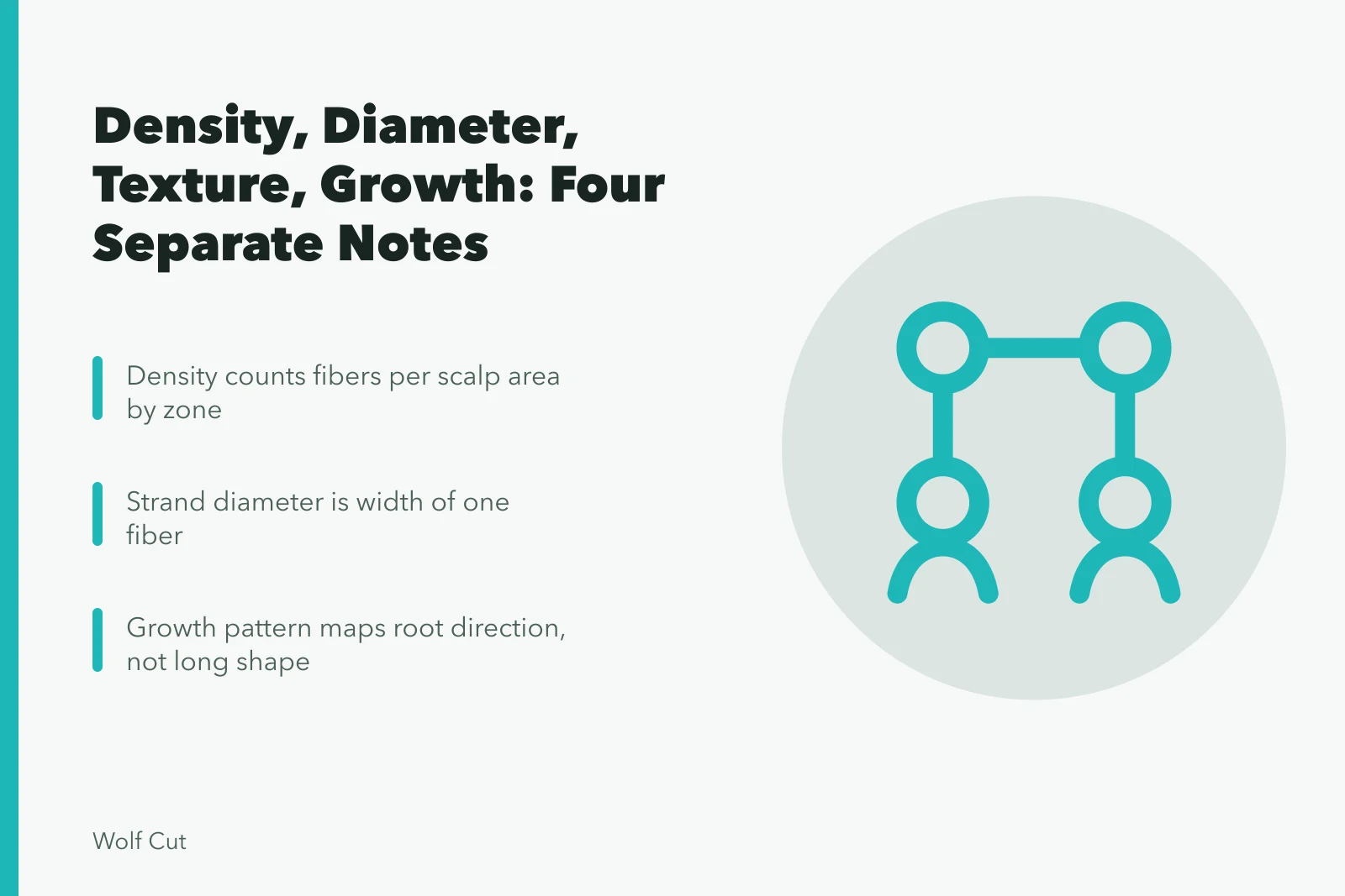 Comparison chart of hair density, strand diameter, texture and growth pattern. Density, diameter, texture and growth pattern compared, not confused