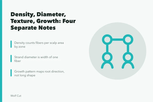 Comparison chart of hair density, strand diameter, texture and growth pattern. Density, diameter, texture and growth pattern compared, not confused
