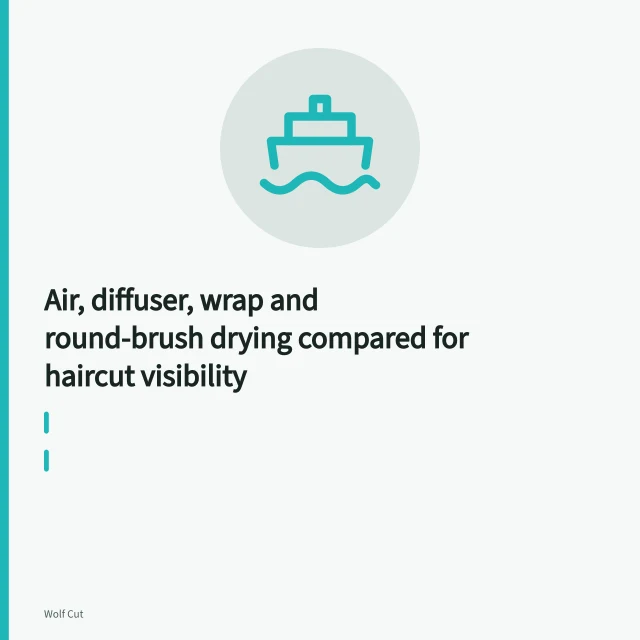 Diffuser attachment on a hair dryer drying wavy hair. Air, diffuser, wrap and round-brush drying compared for haircut visibility