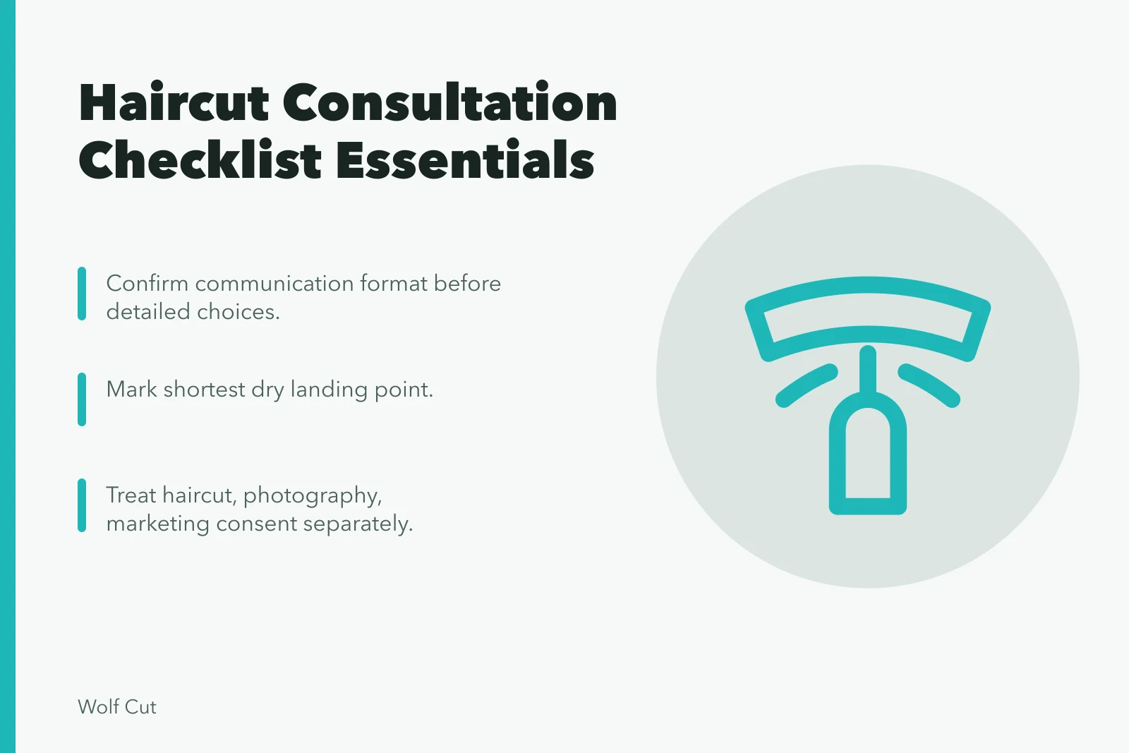 Checklist for haircut consultation covering communication, access, design, and consent. Consent, access and records: what a haircut consultation checklist covers