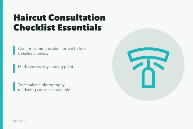 Checklist for haircut consultation covering communication, access, design, and consent. Consent, access and records: what a haircut consultation checklist covers