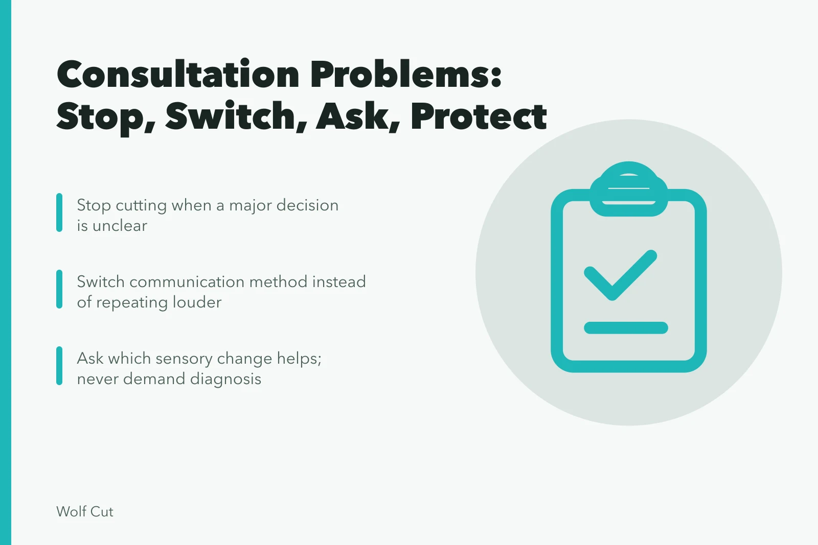 Card listing haircut consultation fixes: stop, switch, ask, protect privacy. Nine haircut consultation problems and how to respond in the salon