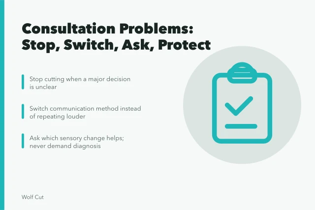 Card listing haircut consultation fixes: stop, switch, ask, protect privacy. Nine haircut consultation problems and how to respond in the salon