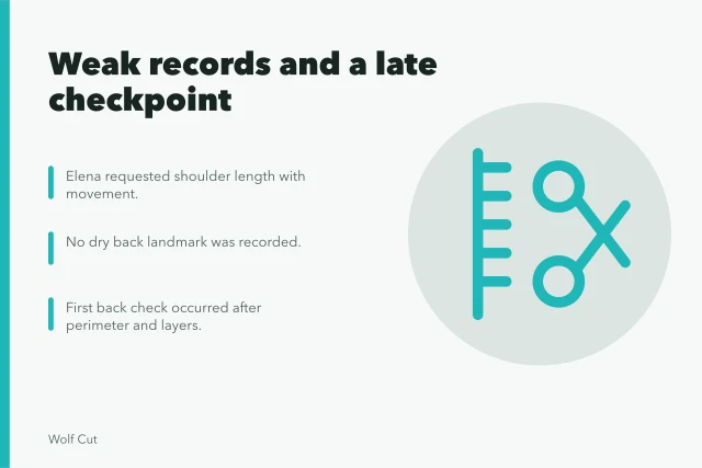Card summarizing a haircut length dispute caused by vague language and late checks. Weak records and a late checkpoint: how one length dispute unfolded