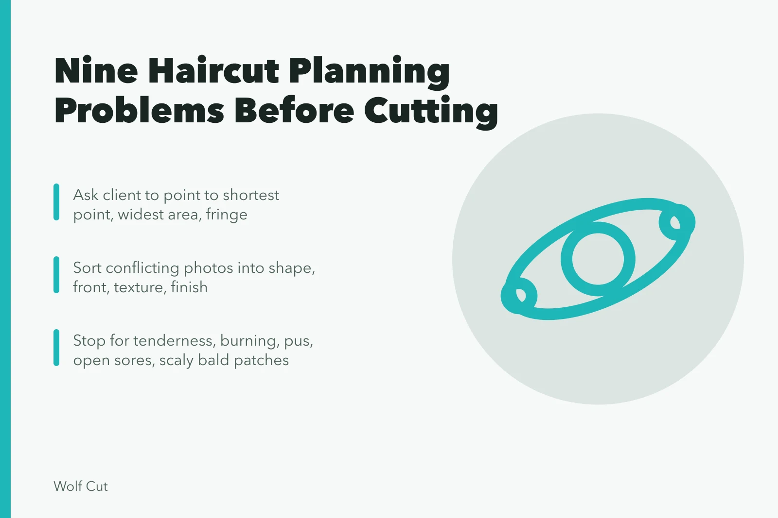 Haircut planning card listing vague goals, conflicting photos, and scalp warning signs. Nine planning problems that surface before the scissors even open
