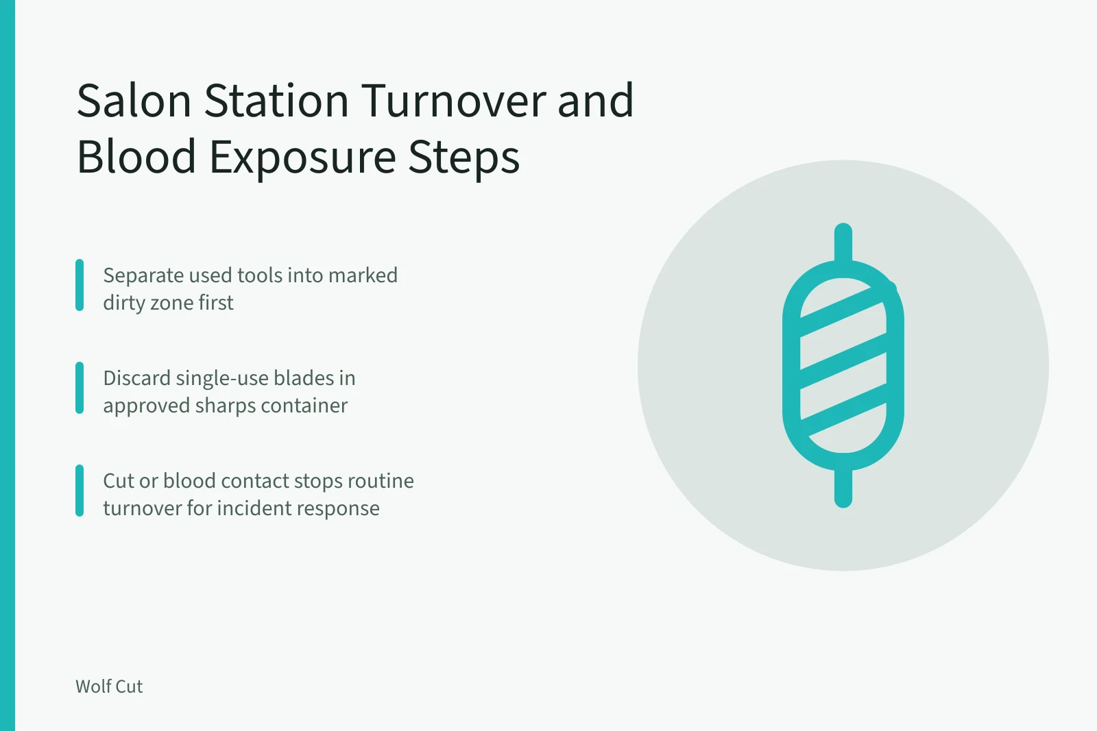 Checklist card for salon station turnover and blood exposure response. Blood exposure and cleanup anchor the station turnover checklist
