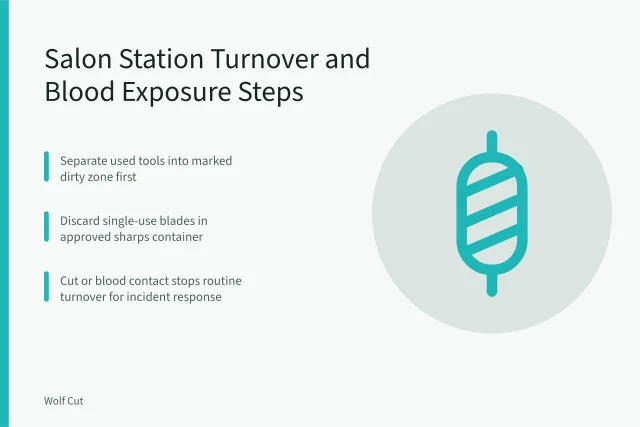 Checklist card for salon station turnover and blood exposure response. Blood exposure and cleanup anchor the station turnover checklist