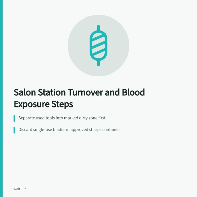 Checklist card for salon station turnover and blood exposure response. Blood exposure and cleanup anchor the station turnover checklist