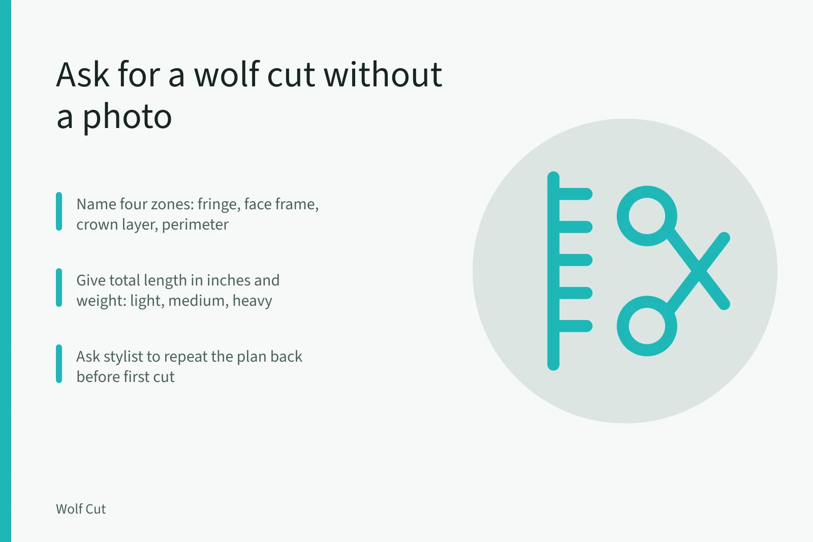 Card explaining how to describe a wolf cut to a stylist. How to ask for a wolf cut without a photo and still get the shape