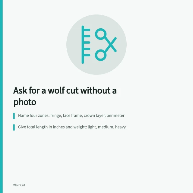 Card explaining how to describe a wolf cut to a stylist. How to ask for a wolf cut without a photo and still get the shape