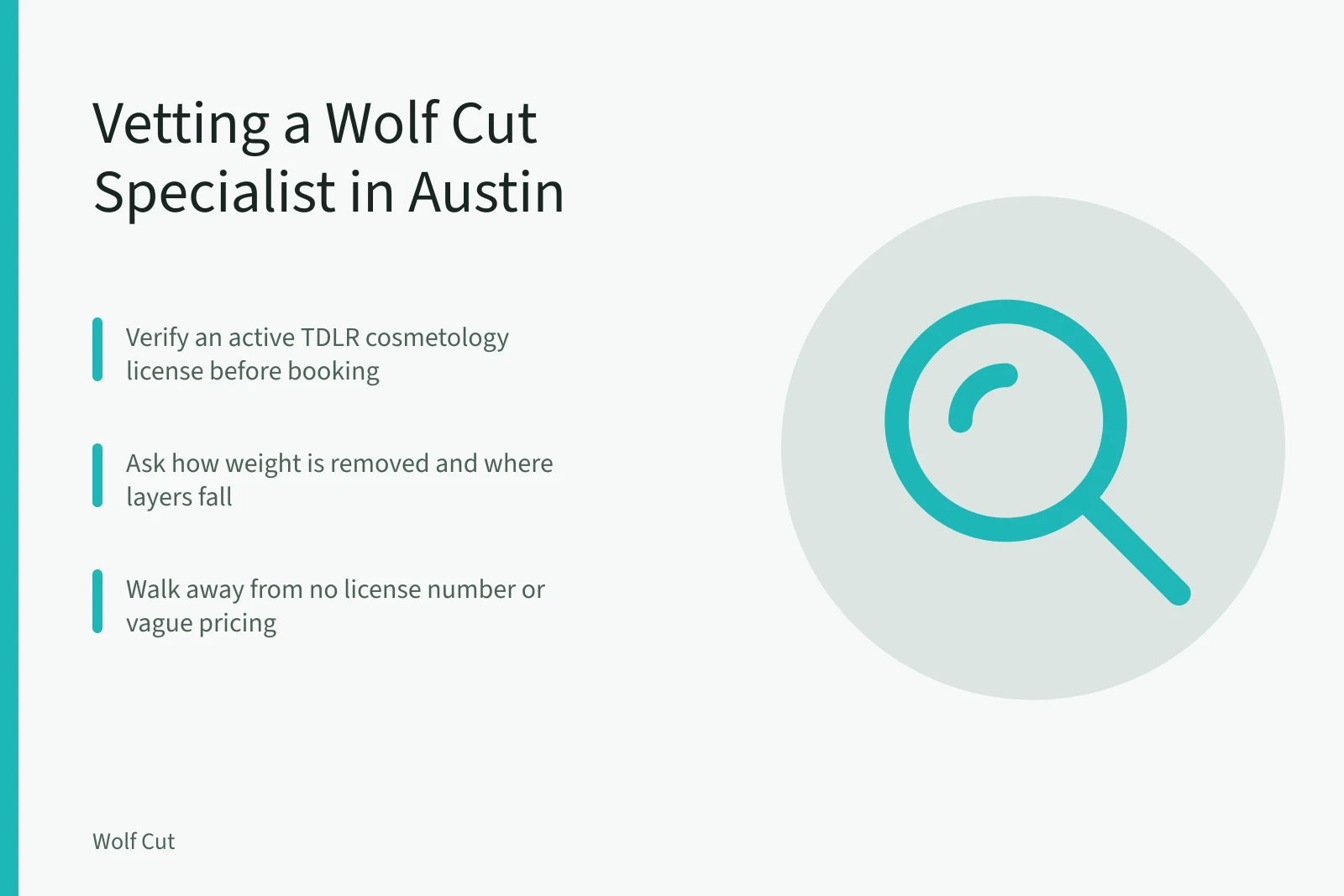 Checklist for verifying a wolf cut stylist's Texas license and pricing. How to vet a wolf cut specialist in Austin before you book