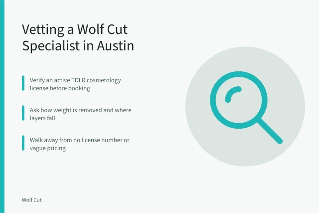 Checklist for verifying a wolf cut stylist's Texas license and pricing. How to vet a wolf cut specialist in Austin before you book