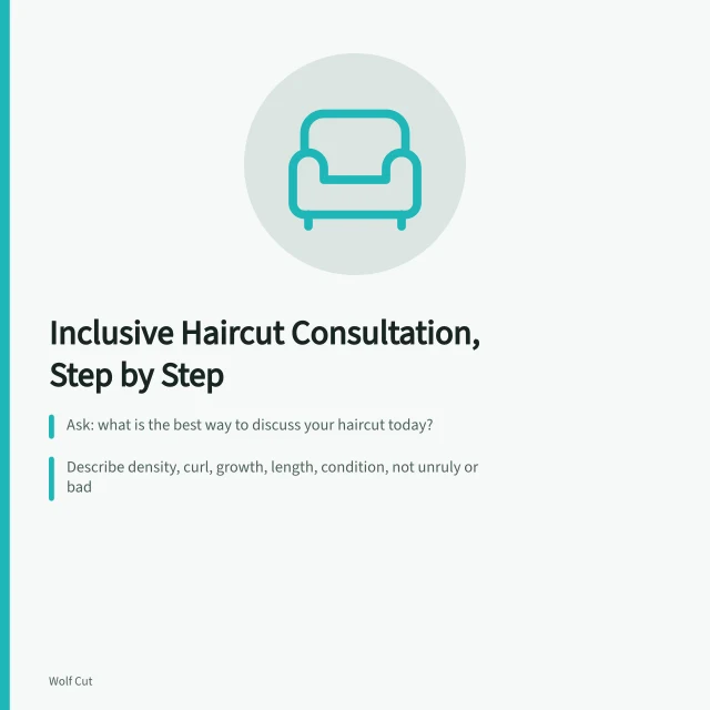 Card listing inclusive haircut consultation steps: communication preference, neutral language, sensory choices. Making a haircut consultation genuinely inclusive, step by step