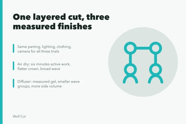 Layered haircut shown in air-dried, diffused, and blowout finishes. Air, diffuser and round brush finishes on one layered haircut: a fictional case