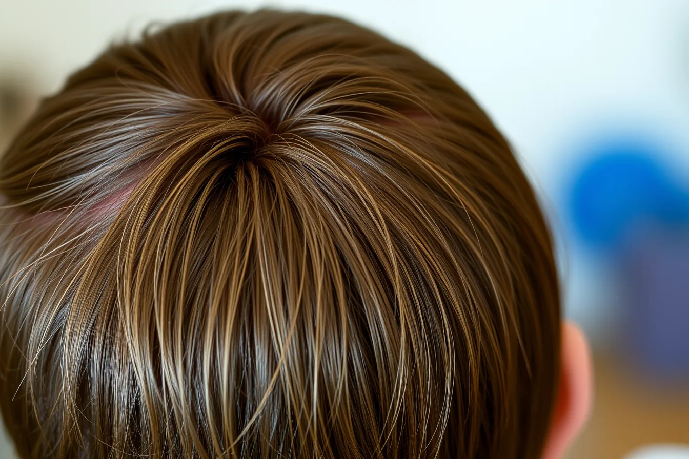 Double cowlick whorl on dry scalp showing opposing root growth directions. Mapping head shape and natural hair movement before you cut