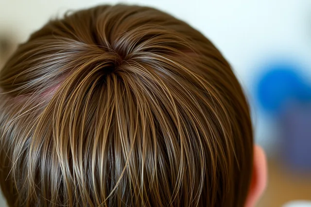 Double cowlick whorl on dry scalp showing opposing root growth directions. Mapping head shape and natural hair movement before you cut