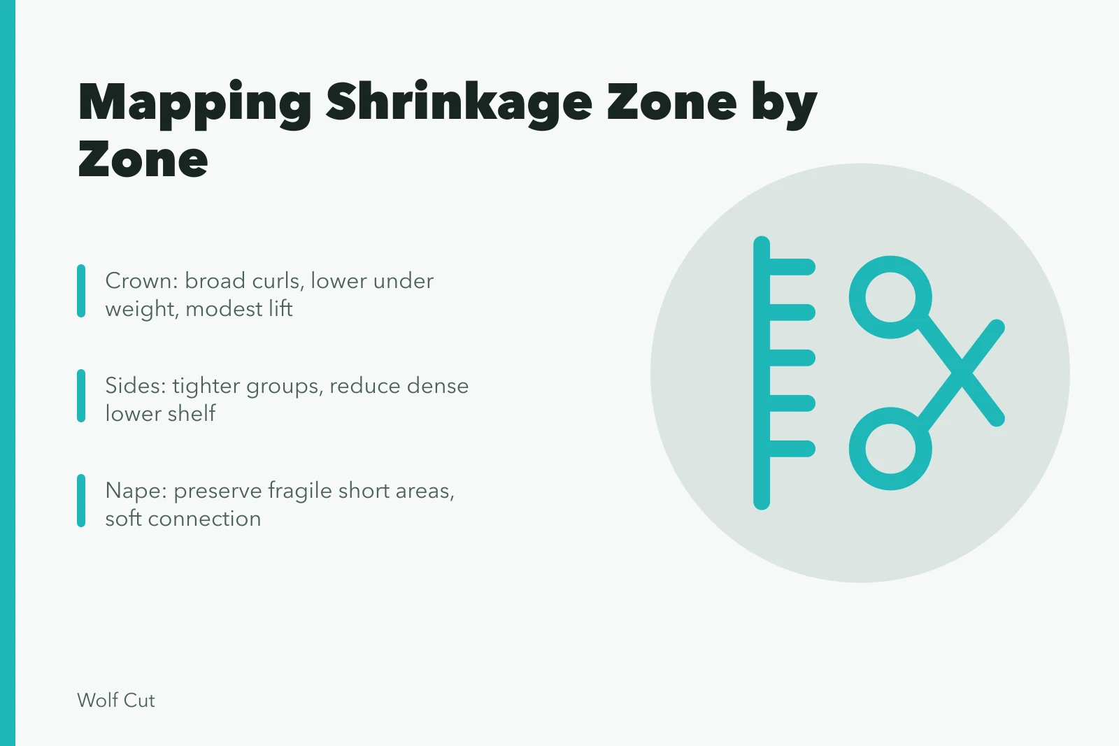 Card showing zone-by-zone shrinkage mapping for a mixed-pattern curly haircut. Mapping shrinkage zone by zone in a mixed-pattern curly haircut case
