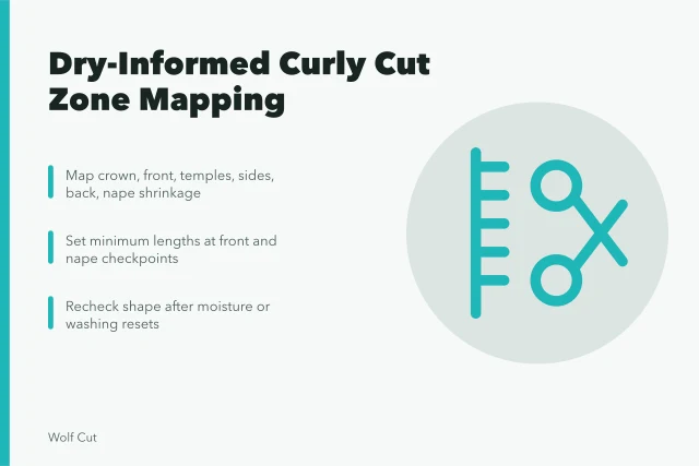 Curly haircut zone map with shrinkage checkpoints for dry-informed cutting. Planning a dry-informed curly haircut with a proper zone map