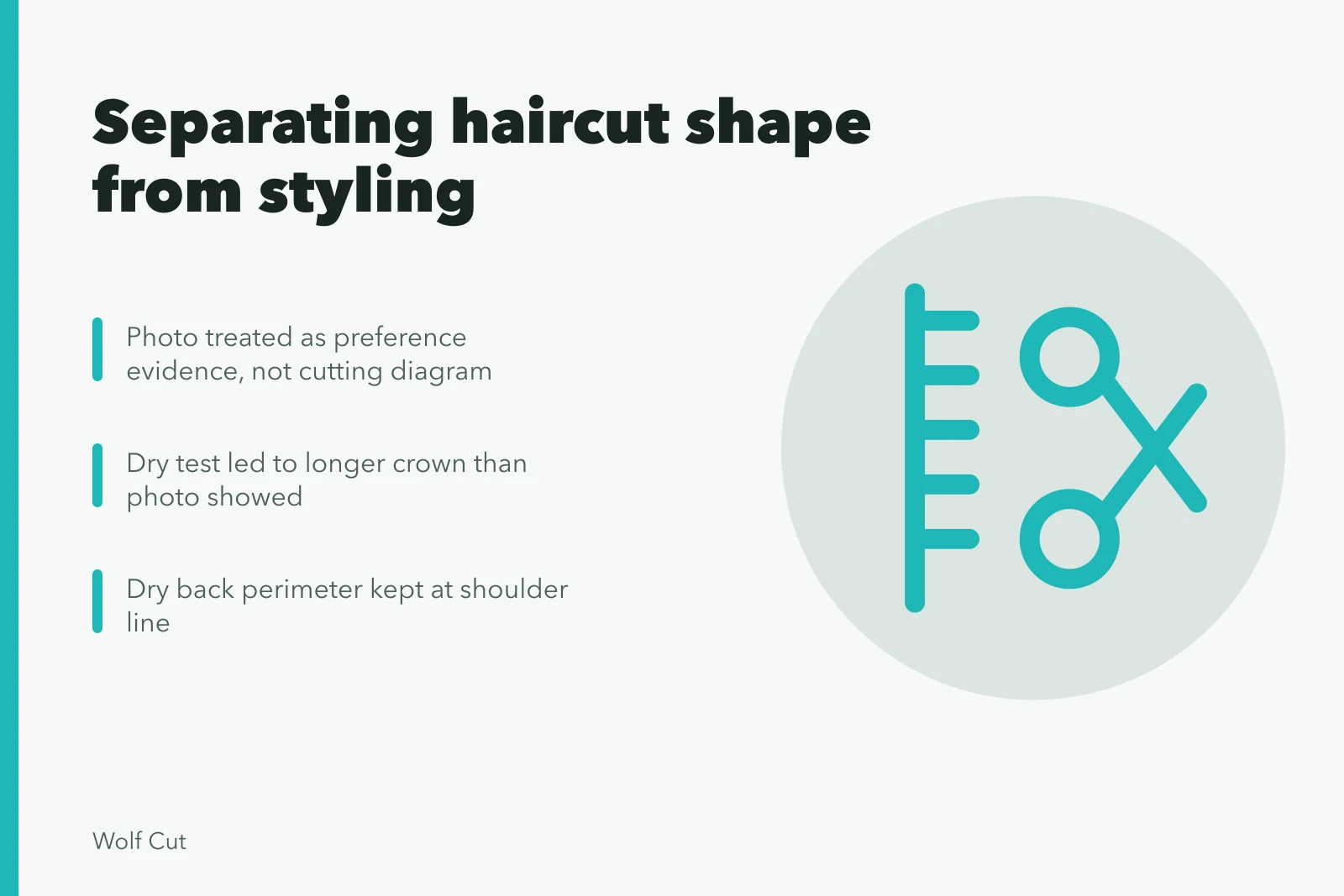 Stylist planning a layered haircut from a reference photo. Separating shape from styling: a reference-photo haircut case