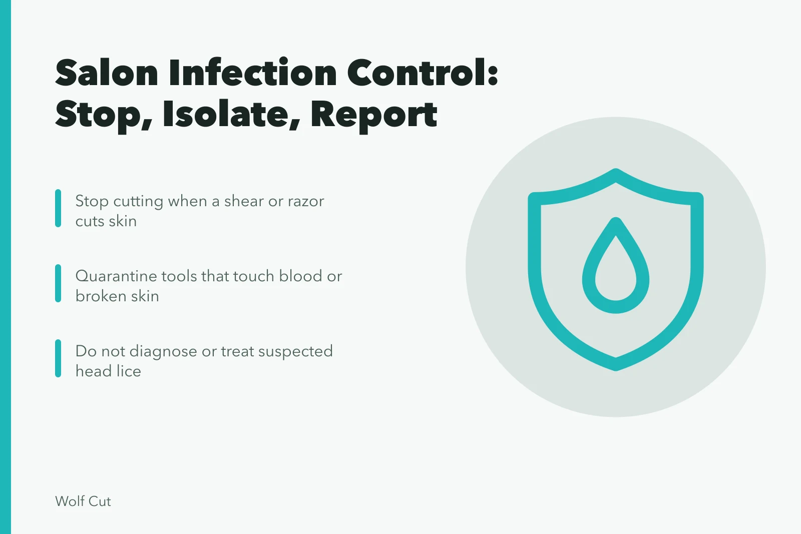 Infection-control card: stop service, quarantine tools, report exposures privately. Salon infection-control problems: lice, broken skin and reporting