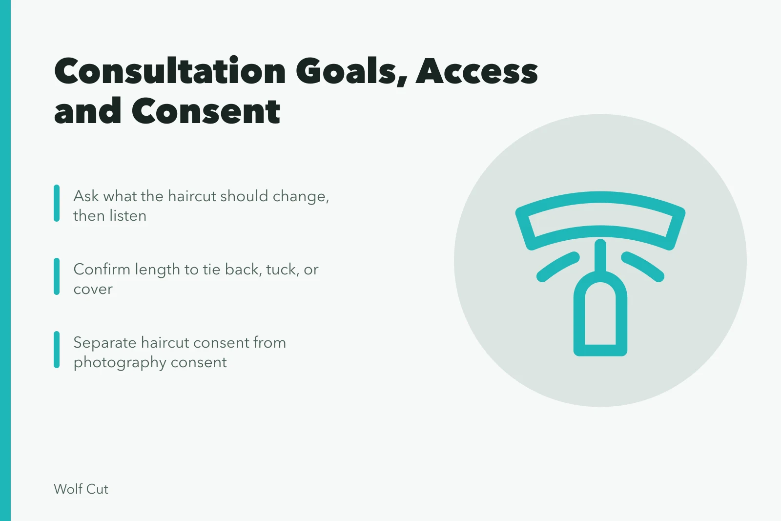 Salon consultation card on goals, access, and consent. Goals, access and consent guide this salon consultation process