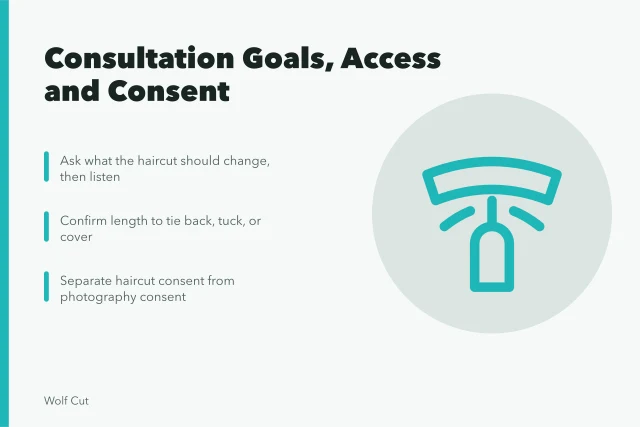 Salon consultation card on goals, access, and consent. Goals, access and consent guide this salon consultation process