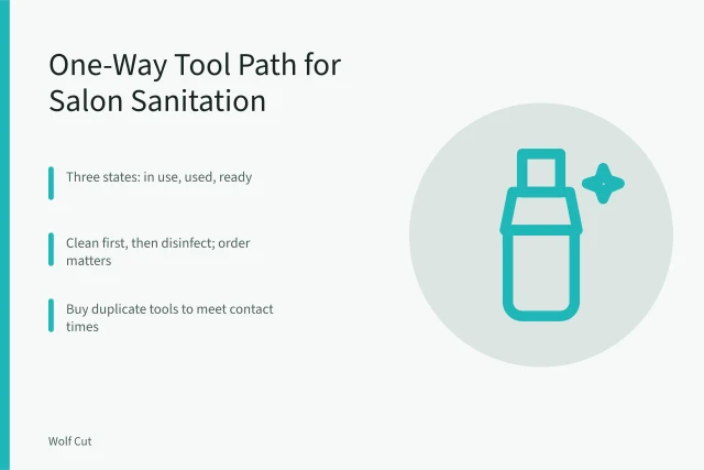 Diagram of dirty-to-clean salon tool flow with three labeled zones. Built around a one-way tool path: the salon sanitation guide