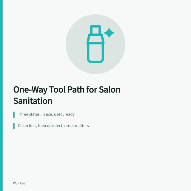 Diagram of dirty-to-clean salon tool flow with three labeled zones. Built around a one-way tool path: the salon sanitation guide