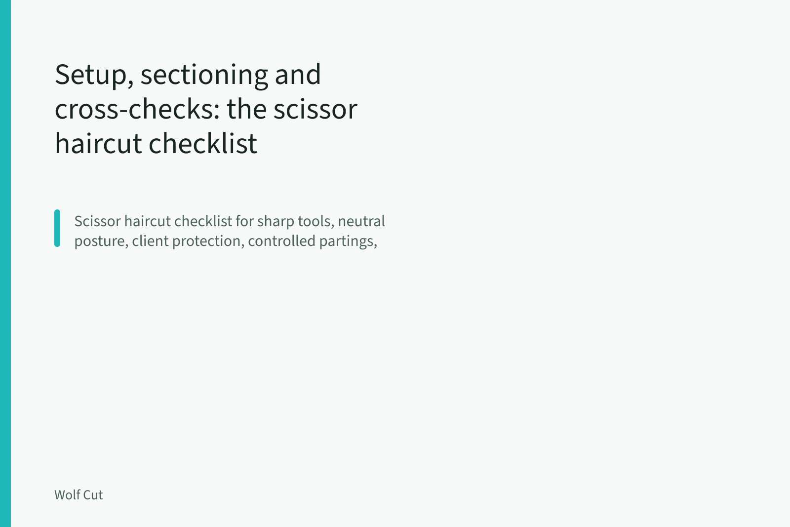Hair-cutting shears and comb mid-cut through a cleanly sectioned parting of damp hair. Setup, sectioning and cross-checks: the scissor haircut checklist