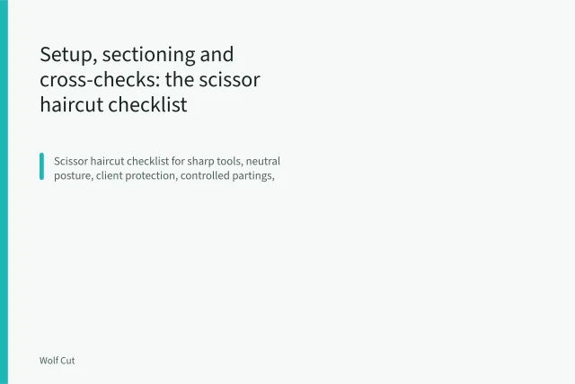 Hair-cutting shears and comb mid-cut through a cleanly sectioned parting of damp hair. Setup, sectioning and cross-checks: the scissor haircut checklist