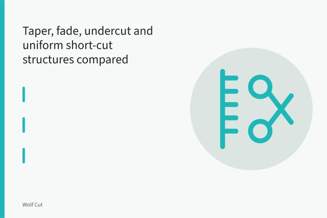 Clippers cutting a taper fade into short hair with a graduated transition. Taper, fade, undercut and uniform short-cut structures compared