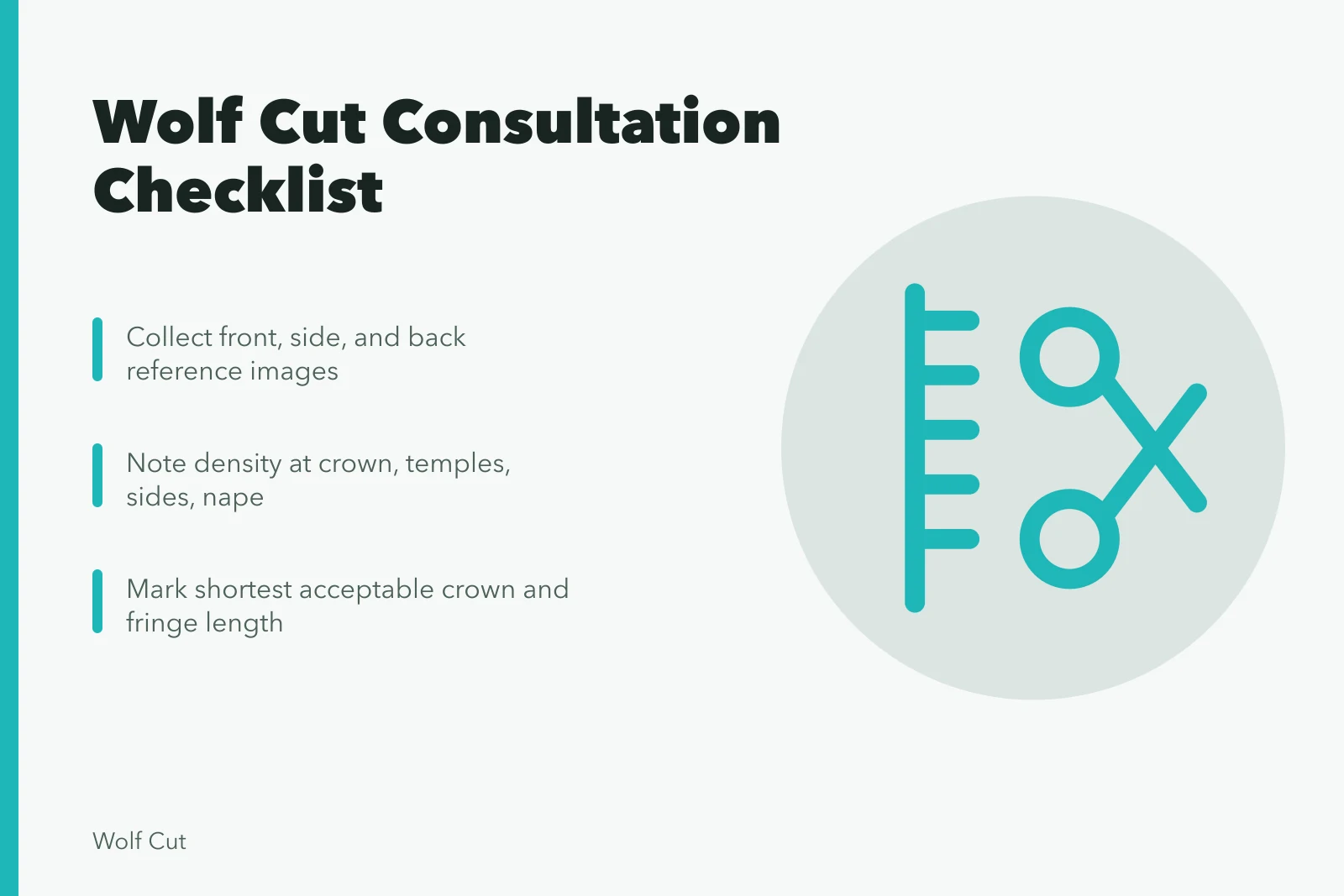 Checklist card for wolf cut consultation covering references, density, and length limits. 8 things to weigh up on wolf cut consultation