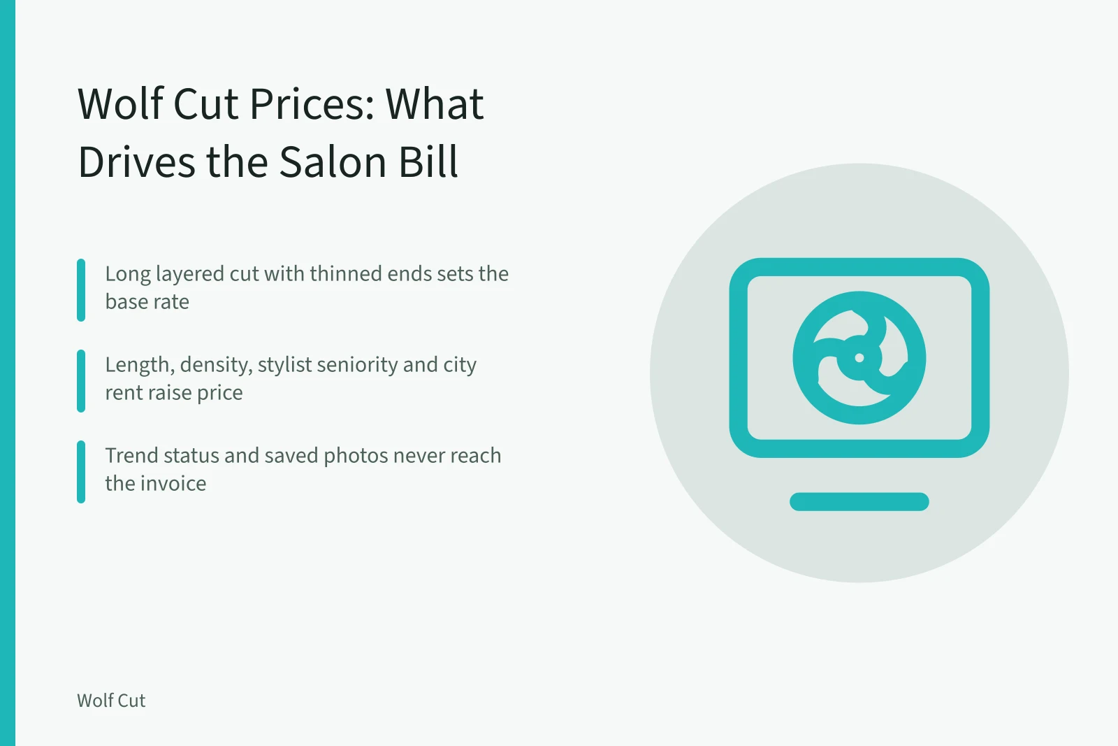 Wolf cut pricing card showing layered cut costs and salon surcharges. Wolf cut salon prices in US cities: what drives the cost and what doesn't